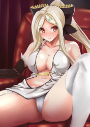 Rule 34 | 1girl, black bow, blonde hair, blush, bow, breasts, cameltoe, center opening, chair, cleavage, closed mouth, collarbone, curtains, detached sleeves, dress, eyebrows, flower knight girl, garter straps, ginran (flower knight girl), hair bow, hair ornament, hairclip, highres, huge breasts, indoors, kashiwamochi (kashiwakashiwa), knee up, long hair, looking at viewer, navel, on chair, panties, ponytail, red eyes, shiny clothes, sidelocks, sitting, skin tight, smile, solo, spread legs, stomach, thighhighs, thong, underwear, upskirt, white dress, white panties, white thighhighs