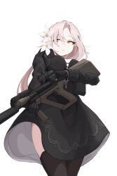 Rule 34 | 1girl, absurdres, assault rifle, aug (girls&#039; frontline), black dress, black eyeliner, black gloves, breasts, bullpup, center cross lace, closed mouth, copycat001, cross, cross hair ornament, cross necklace, dress, expressionless, eyelashes, eyeliner, flashlight, flower, girls&#039; frontline, gloves, gun, hair between eyes, hair flower, hair ornament, highres, holding, holding gun, holding weapon, jewelry, large breasts, long hair, makeup, necklace, ponytail, rifle, scope, solo, steyr aug, suppressor, thighhighs, thighs, vertical foregrip, weapon, white hair, yellow eyes