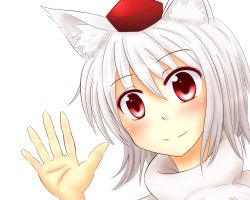 Rule 34 | 1girl, animal ears, blush, inubashiri momiji, looking at viewer, red eyes, short hair, silver hair, simple background, smile, solo, touhou, white background, wolf ears, y ayame