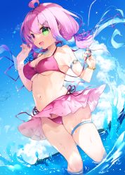 Rule 34 | 1girl, ahoge, arm strap, bare shoulders, bikini, bikini skirt, blue hair, blue nails, blush, bracelet, breasts, crescent, crescent necklace, gradient hair, green eyes, halterneck, heterochromia, highres, himemori luna, hololive, jewelry, long hair, looking at viewer, low twintails, medium breasts, multicolored hair, multicolored nails, nail polish, navel, necklace, ocean, official alternate hairstyle, open mouth, pink eyes, pink hair, pink nails, red bikini, side-tie bikini bottom, skindentation, smile, solo, standing, swimsuit, thigh strap, twintails, untied bikini, untying, virtual youtuber, w arms, wading, yun (dust-i1)