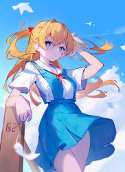 Rule 34 | 1girl, absurdres, bird, blue eyes, blue skirt, blue sky, breasts, day, dove, highres, interface headset, leaning to the side, long hair, long skirt, looking at viewer, mmj, neon genesis evangelion, panties, pantyshot, red ribbon, ribbon, school uniform, skirt, sky, small breasts, solo, souryuu asuka langley, tokyo-3 middle school uniform, two side up, underwear, white panties, wind, wind lift