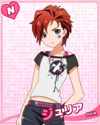 Rule 34 | 10s, 1girl, belt, blue eyes, character name, denim, idolmaster, idolmaster cinderella girls, idolmaster million live!, jeans, jewelry, julia (idolmaster), lipstick, looking at viewer, makeup, necklace, official art, pants, punk, red hair, short hair, solo, star (symbol)