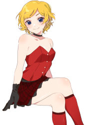 Rule 34 | 1girl, bare shoulders, black choker, black gloves, blonde hair, blue eyes, breasts, choker, closed mouth, commentary request, crossed legs, frilled skirt, frills, gloves, highres, invisible chair, looking at viewer, plaid, plaid skirt, pretty rhythm, pretty rhythm aurora dream, pretty series, red shirt, red skirt, shirt, short hair, simple background, sitting, skirt, small breasts, smile, solo, takamine mion, white background, yuikuma