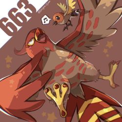 Rule 34 | artist name, bird, commentary request, creatures (company), designer ojisan, closed eyes, fletchling, game freak, gen 6 pokemon, grey fur, happy, highres, musical note, nintendo, no humans, open mouth, pokemon, pokemon (creature), spoken musical note, star (symbol), talonflame, talons