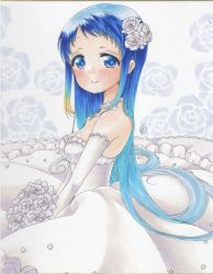 Rule 34 | blue eyes, blue hair, bouquet, breasts, cleavage, dress, elbow gloves, flower, flower collar, gloves, hair flower, hair ornament, highres, kantai collection, long hair, looking at viewer, medium breasts, rose, samidare (kancolle), smile, solo, very long hair, wedding dress, white flower, white gloves, white rose, yuuki chima