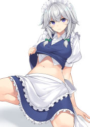 Rule 34 | 1girl, absurdres, apron, arm support, blue eyes, blue skirt, blue vest, blush, bow, braid, breasts, clothes lift, commentary request, crop top, frilled apron, frills, green bow, hair between eyes, hair bow, highres, izayoi sakuya, lifting own clothes, looking at viewer, maid, maid apron, maid headdress, medium breasts, midriff, miniskirt, navel, partial commentary, petticoat, shadow, shirt, shirt lift, short hair, sidelocks, silver hair, simple background, skirt, skirt set, solo, spread legs, squatting, stomach, suiroh (shideoukami), thighs, touhou, twin braids, vest, vest lift, waist apron, white apron, white background, white shirt
