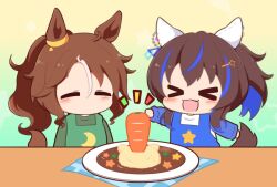 Rule 34 | &gt; &lt;, 2girls, :d, animal ears, apron, blue apron, blue hair, blush stickers, brown background, brown hair, carrot, chibi, closed eyes, commentary request, crescent print, daitaku helios (umamusume), fang, gomashio (goma feet), gradient background, green apron, green background, green shirt, hair between eyes, hair ornament, hairclip, horse ears, horse girl, horse tail, long sleeves, mejiro palmer (umamusume), multicolored hair, multiple girls, notice lines, open mouth, parted bangs, plate, ponytail, raglan sleeves, shirt, side ponytail, smile, star (symbol), star hair ornament, star print, streaked hair, tail, umamusume, upper body, white hair, white shirt, xd