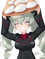 Rule 34 | 1girl, anchovy (girls und panzer), artist name, blush, bread, breasts, dated, drill hair, closed eyes, food, girls und panzer, green hair, grin, highres, kuromorimine military uniform, kuzuryuu kennosuke, large breasts, military, military uniform, simple background, smile, solo, twin drills, twintails, uniform, upper body, white background