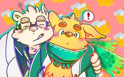 Rule 34 | !, 2boys, alcohol, bear boy, beer, blush, blush stickers, cheek-to-cheek, cigarette, closed eyes, closed mouth, collared shirt, commentary request, cu sith (housamo), diagonal stripes, dog boy, drop shadow, ebimayo (tempuralobster), furry, furry male, glasses, green-framed eyewear, green eyes, green necktie, green scarf, heads together, leib (housamo), male focus, motion lines, multiple boys, necktie, polka dot necktie, scarf, shirt, short hair, signature, sleepy, spoken exclamation mark, squeans, striped, thick eyebrows, tokyo houkago summoners, upper body, yellow fur