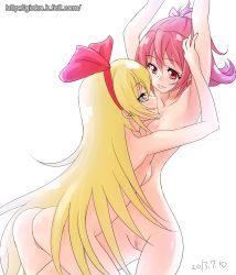 Rule 34 | 2013, 2girls, aida mana, arms up, ass, bad id, bad pixiv id, blonde hair, blue eyes, censored, completely nude, couple, dated, dokidoki! precure, eye contact, ginko (silver fox), hairband, half updo, hug, leaning on person, long hair, looking at another, mosaic censoring, multiple girls, nude, pink eyes, pink hair, precure, pussy, red ribbon, regina (dokidoki! precure), ribbon, short hair, simple background, smile, watermark, web address, white background, yuri
