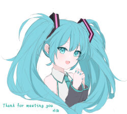 Rule 34 | 1girl, absurdres, black sleeves, blue eyes, blue hair, blue nails, blue necktie, c309657344, chinese commentary, collared shirt, commentary request, detached sleeves, english text, hair between eyes, hands up, hatsune miku, highres, interlocked fingers, long hair, long sleeves, miku day, nail polish, necktie, own hands clasped, own hands together, shirt, simple background, sleeveless, sleeveless shirt, solo, twintails, upper body, vocaloid, white background, white shirt