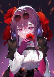 Rule 34 | absurdres, black jacket, black shorts, breasts, chinese commentary, collared shirt, commentary request, cowboy shot, eyewear on head, flower, flower request, glasses, gloves, hair between eyes, high-waist shorts, highres, holding, holding flower, honkai: star rail, honkai (series), jacket, joehi, kafka (honkai: star rail), large breasts, long hair, looking at viewer, open clothes, open jacket, pince-nez, purple background, purple eyes, purple gloves, purple hair, red flower, round eyewear, shade, shirt, shorts, sidelocks, signature, smile, spider web print, standing, sunglasses, white shirt