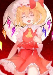 Rule 34 | 1girl, :d, ascot, blush, bow, breasts, clenched hand, closed eyes, closed mouth, commentary request, cowboy shot, crossed bangs, crystal, electricity, fang, flandre scarlet, full moon, fuua (fxae3875), hair between eyes, hair bow, hand up, hat, mob cap, moon, night, night sky, one side up, open mouth, petticoat, puffy short sleeves, puffy sleeves, red bow, red skirt, red sky, red vest, short hair, short sleeves, skin fang, skirt, sky, small breasts, smile, solo, touhou, vest, white hat, wings, yellow ascot
