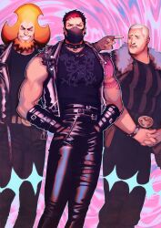 Rule 34 | 3boys, abstract background, arm tattoo, armband, bara, beard, belt, belt buckle, black choker, black jacket, black mask, black pants, black shirt, blonde hair, brothers, buckle, buzz cut, cape, charlotte daifuku, charlotte katakuri, charlotte oven, choker, earrings, facial hair, feet out of frame, fingerless gloves, forked eyebrows, fur-trimmed jacket, fur collar, fur trim, gloves, hands in pockets, highres, impossible hair, jacket, jewelry, leather, leather jacket, looking at another, looking at viewer, male focus, mask, mature male, mewiyev, mouth mask, multiple boys, muscular, muscular male, necklace, one piece, open clothes, open mouth, orange hair, own hands clasped, own hands together, pants, pectorals, pencil as mustache, pink eyes, pink hair, plug (piercing), pointing, shirt, short hair, siblings, smile, spiked choker, spikes, striped clothes, striped shirt, tattoo, thick eyebrows, tight clothes, tight pants, triplets, very short hair