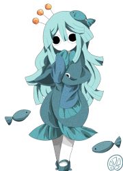 Rule 34 | 1girl, aqua hair, aqua theme, bad id, bad pixiv id, fish, fish hair ornament, funamusea, funamusea (style), hair ornament, hair stick, hand to own mouth, long hair, mary janes, monochrome, muxiyou, o o, oounabara to wadanohara, pale skin, shoes, sidelocks, simple background, solid circle eyes, solo, spot color, swept bangs, uomihime, white background, wide sleeves