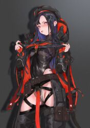 Rule 34 | 1girl, asymmetrical bangs, belt pouch, beret, black gloves, black hair, black hat, black jacket, black leotard, black serafuku, blush, breasts, colored inner hair, elazale, eunhwa (nikke), fingerless gloves, forehead, frown, gloves, goddess of victory: nikke, gradient background, grey background, hat, highres, hood, hood down, hooded jacket, jacket, leotard, lips, long hair, looking at viewer, multicolored hair, neckerchief, parted lips, pouch, purple eyes, red gloves, red jacket, red neckerchief, school uniform, serafuku, small breasts, solo, thigh pouch, two-sided fabric, two-sided jacket, two-tone gloves