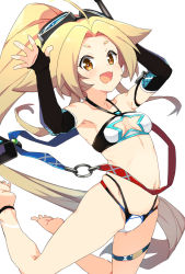 Rule 34 | 1girl, :d, ahoge, ankleband, arm warmers, armpits, arms up, azur lane, bare shoulders, barefoot, bikini, blonde hair, breasts, brown eyes, cavalla (azur lane), cleavage, cleavage cutout, clothing cutout, collarbone, commentary, fang, goggles, goggles on head, groin, high ponytail, long hair, looking at viewer, multi-strapped bikini, navel, open mouth, parted bangs, ponytail, sidelocks, simple background, skin fang, skindentation, small breasts, smile, solo, star cutout, stomach, swimsuit, thigh strap, very long hair, white background, white bikini, youhei 64d