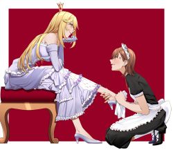 Rule 34 | 2girls, absurdres, alternate costume, anger vein, angry, apron, bare shoulders, black dress, black footwear, blonde hair, blush, border, breasts, brown eyes, brown hair, cloth, crown, dress, elbow gloves, enmaided, eye contact, frilled apron, frilled dress, frills, from side, full body, gloves, grey dress, grey footwear, grey gloves, head rest, high heels, highres, holding another&#039;s foot, kneehighs, layered dress, leaning forward, leg up, long hair, looking at another, maid, maid headdress, medium breasts, misaka mikoto, multiple girls, outside border, parted lips, polishing shoes, profile, puffy short sleeves, puffy sleeves, red background, shokuhou misaki, short hair, short sleeves, simple background, sitting, sleeveless, sleeveless dress, smile, smug, socks, soruna (nell), star (symbol), toaru kagaku no railgun, toaru majutsu no index, very long hair, waist apron, white apron, white border, white legwear