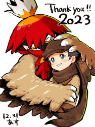 Rule 34 | 1boy, 2023, alternate color, asu (as dayo), blush, bright pupils, brown headwear, brown scarf, commentary request, creatures (company), dated, game freak, green eyes, grin, happy, hat, highres, hisuian decidueye, jacket, male focus, nintendo, pokemon, pokemon (creature), pokemon masters ex, rei (pokemon), scarf, short hair, simple background, smile, teeth, thank you, white background, white pupils