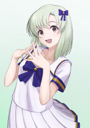 Rule 34 | 1girl, absurdres, blue bow, blue bowtie, blue ribbon, blush, bow, bowtie, breasts, collarbone, dot nose, gradient background, green background, green hair, hair ribbon, hands up, highres, idolmaster, idolmaster (classic), idolmaster million live!, idolmaster million live! theater days, idolmaster starlit season, idolmaster stella stage, looking at viewer, medium breasts, mole, mole under eye, open mouth, pleated skirt, ribbon, rm011vvv1, school uniform, shiika (idolmaster), shirt, short hair, short sleeves, simple background, skirt, smile, solo, steepled fingers, white shirt, white skirt