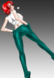 Rule 34 | 1girl, ass, bad source, black background, breasts, covered erect nipples, crop top, cropped shirt, gloves, green footwear, green gloves, green pants, hands on own hips, large breasts, looking at viewer, looking back, mature female, mokkouyou bond, open mouth, pants, red hair, shirt, short hair, simple background, sleeveless, smile, snk, solo, spandex, standing, sweat, the king of fighters, vanessa (kof), yellow eyes