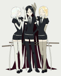 Rule 34 | 3others, ^ ^, absurdly long hair, afterimage, ahn, androgynous, arm behind back, belt, black footwear, black gloves, black hair, black necktie, black thighhighs, blonde hair, bob cut, bort, closed eyes, colored inner hair, diamond (houseki no kuni), elbow gloves, closed eyes, frown, full body, furrowed brow, gem uniform (houseki no kuni), gloves, grey gloves, grey thighhighs, hand on another&#039;s head, hand on own hip, hand on own chest, hand up, hands up, headpat, houseki no kuni, laughing, loafers, long hair, looking at viewer, multicolored hair, multiple others, necktie, open mouth, other focus, profile, purple hair, shoes, short hair, short sleeves, side-by-side, simple background, sparkle, standing, sweatdrop, sword, thighhighs, two-tone hair, very long hair, weapon, white gloves, white hair, white thighhighs, yellow diamond (houseki no kuni)