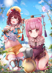 Rule 34 | 2girls, alt (ctrldel), ankle wrap, asymmetrical clothes, atelier (series), atelier sophie, bare shoulders, beret, breasts, clog sandals, closed eyes, cloud, cloudy sky, collarbone, commentary request, cone hair bun, corneria (atelier), day, dress, flower, gloves, hair between eyes, hair bun, hair flower, hair ornament, hat, highres, holding, holding hose, holding watering can, hose, japanese clothes, jewelry, kimono, knee up, light particles, long sleeves, looking at viewer, medium breasts, multiple girls, navel, neck ribbon, necklace, pink eyes, pink hair, plant, platform footwear, purple kimono, red hair, ribbon, ribbon-trimmed dress, shirt, short hair, short kimono, short shorts, shorts, single glove, sky, sleeves past fingers, sleeves past wrists, small breasts, sophie neuenmuller, strapless, strapless dress, strapless shirt, sun, thighhighs, watering, watering can, white legwear, yellow headwear, yellow shorts