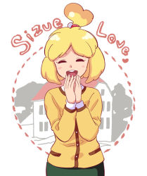 Rule 34 | 1girl, animal crossing, blonde hair, blush stickers, buck teeth, character name, closed eyes, heart, isabelle (animal crossing), kunreishiki, looking at viewer, mappy (manhole opener), nintendo, open mouth, personification, romaji text, smile, solo, teeth, topknot