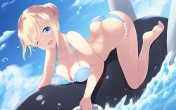 Rule 34 | 1girl, ;d, ass, bare arms, bare legs, bare shoulders, barefoot, bikini, blend s, blonde hair, blue bikini, blue eyes, blue sky, blush, breasts, cait aron, cleavage, cloud, collarbone, commentary request, day, dutch angle, hair bun, hair up, highres, hinata kaho, holding, inflatable toy, large breasts, looking at viewer, one eye closed, open mouth, outdoors, sidelocks, single hair bun, sky, smile, soles, solo, swimsuit, teeth, upper teeth only, water
