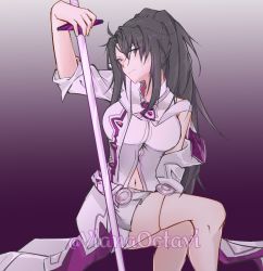 Rule 34 | 1girl, black hair, breasts, closed mouth, commentary, commentary typo, crossed legs, english commentary, epic seven, feet out of frame, genderswap, genderswap (mtf), gradient background, highres, navel, ponytail, purple background, purple eyes, sitting, solo, sword, viana okta, vildred (epic seven), watermark, weapon