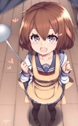 Rule 34 | 10s, 1girl, 2016, apron, black pantyhose, brown eyes, brown footwear, brown hair, collarbone, dated, fang, from above, hair ornament, hairclip, heart, highres, holding, ikazuchi (kancolle), kantai collection, ladle, loafers, long sleeves, looking at viewer, mku, open mouth, pantyhose, pleated skirt, school uniform, serafuku, shoes, short hair, skirt, smile, solo, thighhighs, wooden floor