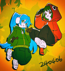 Rule 34 | 2girls, black gloves, black pants, blue hair, brown gloves, chibi, colored sclera, commentary, dated, english commentary, full body, gloves, gradient background, green hair, green hoodie, green pants, green sclera, grin, gumi, hatsune miku, haun, headphones, hood, hoodie, long hair, looking at viewer, matryoshka (vocaloid), multiple girls, pants, red hoodie, red sclera, shoes, short hair, smile, vocaloid, white footwear, yellow background