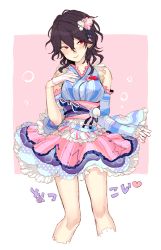 Rule 34 | 10s, 1girl, bare legs, bare shoulders, black hair, blush, closed mouth, detached sleeves, ensemble stars!, flower, frills, gender request, genderswap, gloves, hair flower, hair ornament, half-closed eyes, half gloves, hand on own chest, japanese clothes, lolita fashion, looking to the side, obi, pink background, red eyes, sakuma rei (ensemble stars!), sash, simple background, skirt, smile, solo, star (symbol), takakura aki, traditional clothes, tsurime, wa lolita, white background