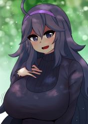 Rule 34 | 1girl, @ @, absurdres, ahoge, alternate breast size, blush, breasts, creatures (company), dress, game freak, hand on own chest, headband, hex maniac (pokemon), highres, large breasts, long hair, looking at viewer, nature, nintendo, open mouth, pokemon, pokemon xy, purple eyes, purple hair, purple headband, ribbed dress, the only shoe, upper body