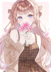 Rule 34 | 1girl, blue eyes, breasts, brown cardigan, brown dress, brown hair, cardigan, cleavage, covering own mouth, dress, earrings, flower, heart, heart earrings, highres, holding, holding flower, ilis 0226, jewelry, medium breasts, open cardigan, open clothes, original, pink flower, solo, swept bangs