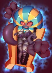 Rule 34 | 1girl, aura, bandages, barefoot, blue outline, breasts, cofagrigus, colored sclera, colored skin, creatures (company), extra arms, female focus, full body, game freak, gen 5 pokemon, happy, highres, hitmanatee, knees together feet apart, large areolae, large breasts, looking at viewer, monster girl, mummy, navel, nintendo, nipples, no nose, open mouth, outline, personification, pokemon, pokemon (creature), purple skin, red eyes, red sclera, sarcophagus, sharp teeth, smile, solo, standing, teeth, thick thighs, thighs