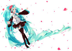 Rule 34 | 1girl, absurdly long hair, amezawa koma, aqua eyes, aqua hair, bad id, bad pixiv id, boots, crossed legs, detached sleeves, flower, hair flower, hair ornament, happy, hatsune miku, headphones, headset, highres, legs, long hair, necktie, open mouth, outstretched arms, petals, simple background, skirt, smile, solo, spread arms, standing, thigh boots, thighhighs, twintails, very long hair, vocaloid, watson cross, zettai ryouiki