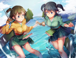 Rule 34 | 10s, 2girls, absurdres, blue hair, blue sky, blurry, blush, breasts, brown hair, clenched teeth, cloud, day, depth of field, flight deck, gloves, green eyes, hair ribbon, hakama, hakama short skirt, hakama skirt, holding hands, highres, hiryuu (kancolle), japanese clothes, kantai collection, large breasts, looking at another, multiple girls, ocean, partially fingerless gloves, partly fingerless gloves, pg (pgouwoderen), pleated skirt, ribbon, short hair, short twintails, skirt, sky, souryuu (kancolle), splashing, standing, teeth, twintails, yugake