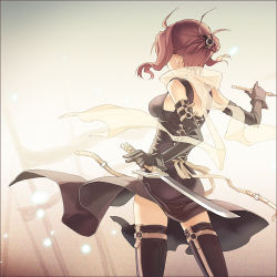 Rule 34 | 1girl, back, belt, breasts, brown hair, dual wielding, elbow gloves, from behind, gloves, h2so4, holding, original, scarf, short hair, skirt, solo, sword, thighhighs, weapon, wind, zettai ryouiki