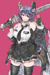 Rule 34 | 1girl, armpits, bad id, bad tumblr id, bare shoulders, between breasts, black gloves, black jacket, black skirt, black thighhighs, breast pocket, breasts, checkered clothes, checkered necktie, checkered neckwear, eyepatch, fur-trimmed jacket, fur trim, gloves, grin, hair between eyes, headgear, holding, holding weapon, itomugi-kun, jacket, kantai collection, large breasts, long sleeves, looking at viewer, medium hair, necktie, necktie between breasts, open mouth, pocket, purple hair, red background, red eyes, simple background, skirt, smile, solo, standing, sword, tenryuu (kancolle), tenryuu kai ni (kancolle), thighhighs, turret, weapon, white background