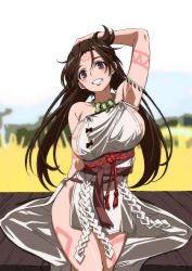 Rule 34 | 1girl, arm up, armpits, bead necklace, beads, body markings, breasts, brown eyes, brown hair, facial mark, fate/grand order, fate (series), forehead, forehead mark, highres, himiko (fate), himiko (first ascension) (fate), jewelry, large breasts, looking at viewer, magatama, magatama necklace, necklace, no bra, side slit, sideboob, smile, solo, topknot, yuukami (wittsu)