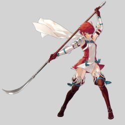 Rule 34 | 1girl, absurdres, armor, boots, dress, fire emblem, fire emblem fates, garter straps, gloves, highres, hinoka (fire emblem), holding, holding weapon, kozaki yuusuke, naginata, nintendo, official art, orange eyes, pauldrons, polearm, red hair, scarf, serious, short hair, shoulder armor, simple background, solo, thigh boots, thighhighs, thighs, weapon, zettai ryouiki