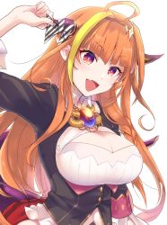 Rule 34 | 1girl, ahoge, arm up, black jacket, blonde hair, bow, braid, breasts, brooch, cleavage, cleavage cutout, clothing cutout, collared shirt, dragon horns, dragon tail, fang, hairband, hololive, horn bow, horn ornament, horns, jacket, jewelry, kiryu coco, kiryu coco (1st costume), large breasts, long hair, long sleeves, miniskirt, multicolored hair, open mouth, orange hair, pleated skirt, purple eyes, red skirt, shirt, side braid, sidelocks, skirt, smile, solo, sumomoi (dvcat), tail, two-tone hair, virtual youtuber, white background, white shirt