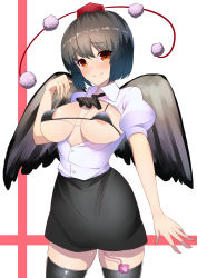 Rule 34 | 1girl, areola slip, ascot, black hair, black thighhighs, black wings, blush, breasts, breasts out, hat, highres, kanibaru, large breasts, looking at viewer, miniskirt, pom pom (clothes), puffy sleeves, pussy juice, sex toy, shameimaru aya, shirt, short hair, short sleeves, skirt, smile, solo, sweat, thighhighs, tokin hat, touhou, unbuttoned, vibrator, vibrator in thighhighs, white background, wings, zettai ryouiki
