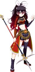 Rule 34 | 1girl, ahoge, asymmetrical gloves, asymmetrical legwear, black hair, breasts, detached sleeves, elbow gloves, full body, glaring, gloves, headband, holding, holding polearm, holding spear, holding weapon, long hair, looking at viewer, midriff, miniskirt, multicolored hair, navel, official art, oshiro project:re, oshiro project:re, polearm, ponytail, red eyes, sanada maru (oshiro project), sandals, single thighhigh, skinny, skirt, small breasts, solo, spear, thighhighs, transparent background, trident, tsukumo (soar99), two-tone hair, uneven gloves, uneven legwear, weapon