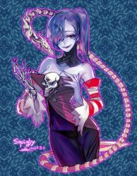Rule 34 | 1girl, bare shoulders, blue hair, blue skin, breasts, cleavage, colored skin, detached collar, detached sleeves, hair over one eye, leviathan (skullgirls), long hair, long skirt, pigeon666, red eyes, side ponytail, skirt, skull, skullgirls, smile, solo, squigly (skullgirls), stitched mouth, stitches, striped, striped sleeves, undressing, zombie