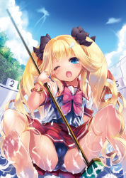 Rule 34 | 1girl, ;o, bare legs, barefoot, blonde hair, blue eyes, blush, bow, bracelet, cameltoe, cleaning brush, drill hair, empty pool, fang, feet, hair bow, hair ornament, jewelry, long hair, one eye closed, open mouth, original, pool, school swimsuit, school uniform, shiny clothes, skindentation, skirt, soap, soap bubbles, soles, solo, sorimura youji, swimsuit, swimsuit under clothes, tears, toes, twin drills, twintails, wince