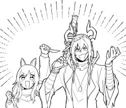 Rule 34 | 1boy, 1girl, 461 aki, animal ears, arknights, arm up, ceobe (arknights), commentary request, finger on trigger, greyscale, gun, hair between eyes, hands up, high collar, highres, holding, holding gun, holding knife, holding weapon, horns, jewelry, knife, long hair, long sleeves, looking at viewer, monochrome, open mouth, pendant, sesa (arknights), shirt, simple background, upper body, v-shaped eyebrows, weapon, white background, wristband