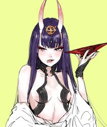 Rule 34 | 1girl, alternate hair length, alternate hairstyle, bare shoulders, blunt bangs, blush, breasts, cup, fate/grand order, fate (series), holding, holding cup, horns, looking at viewer, oni, open mouth, osakana (denpa yun&#039;yun), purple eyes, purple hair, sakazuki, shuten douji (fate), simple background, skin-covered horns, small breasts, smile, solo, tongue, tongue out