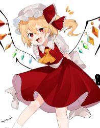 Rule 34 | 1girl, :d, arms behind back, ascot, blonde hair, crystal, fang, fangs, feet out of frame, flandre scarlet, hair between eyes, hat, highres, holding, holding weapon, laevatein (touhou), leaning forward, legs apart, looking at viewer, majime joe, mob cap, one side up, open mouth, red eyes, red skirt, red vest, short hair with long locks, simple background, skin fang, skin fangs, skirt, skirt set, smile, solo, standing, touhou, vest, weapon, white background, wings, yellow ascot